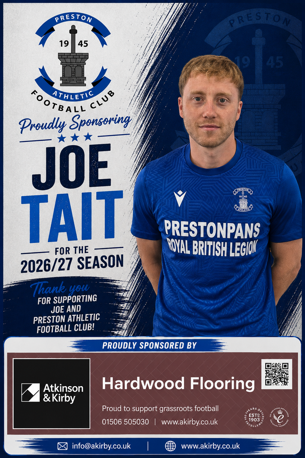 Player Partner graphic: Joe Tait, backed by Atkinson & Kirby for 2026/27
