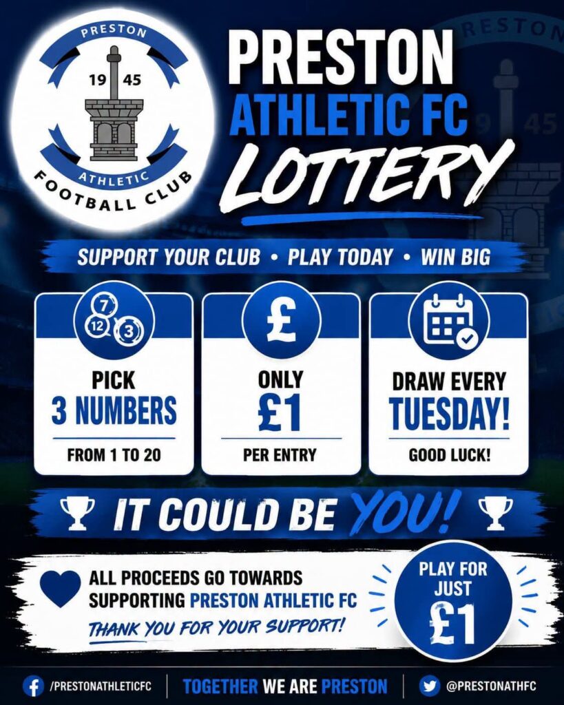 Preston Athletic FC Lottery poster: pick 3 numbers from 1 to 20, £1 per entry, draw every Tuesday. All proceeds go towards supporting Preston Athletic FC.